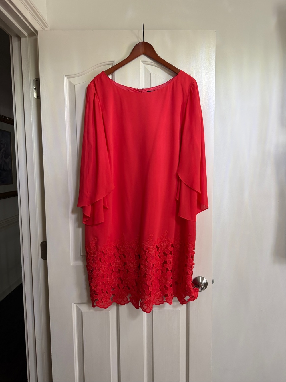Tahari Woman Coral Red Midi Dress with Floral Hem